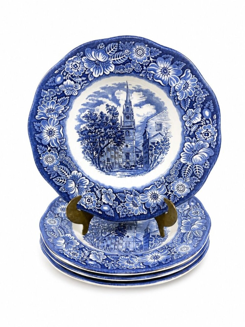 Soup Bowls Rimmed Set of 4 Liberty Blue Staffordshire Old North Church Historica